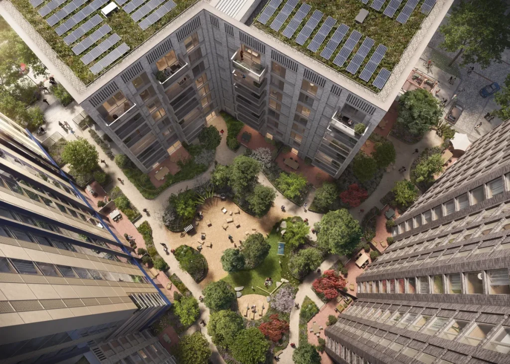 rebank view of podium courtyard from above cgi