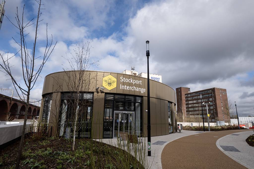 outside stockport interchange with bee network symbol