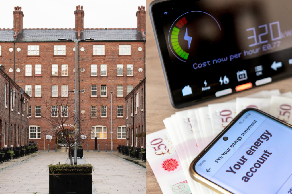 rows of terrace houses in ancoats, manchester on left and smart meter next to mobile with energy statement and cash on table