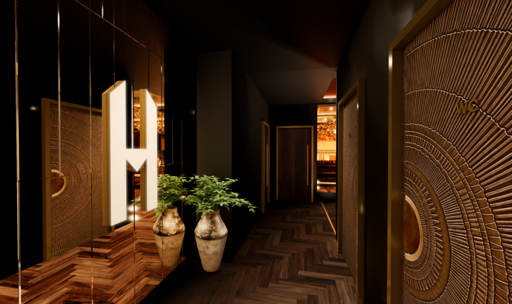 cgi of sleek, dark entrance to private dining experience at stockport pyramid with mirror and plant on shelf on left and soft lighting