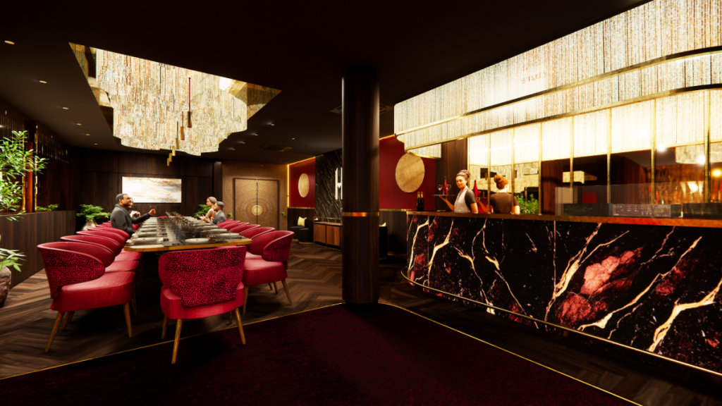 cgi of hukum dining area and bar with red seating