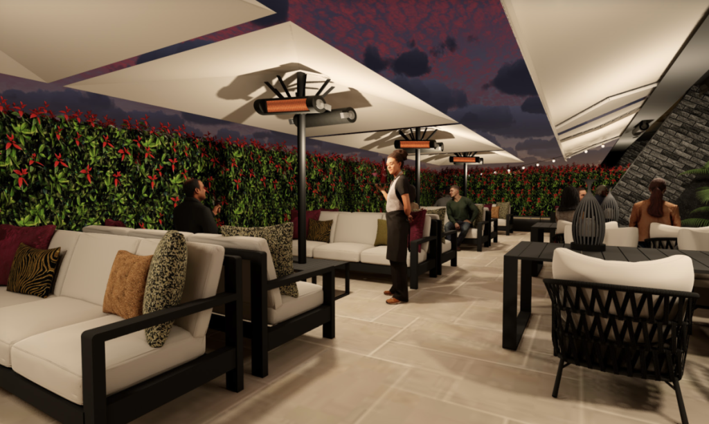 cgi of private terrace with heaters and parasols and cream sofa seating
