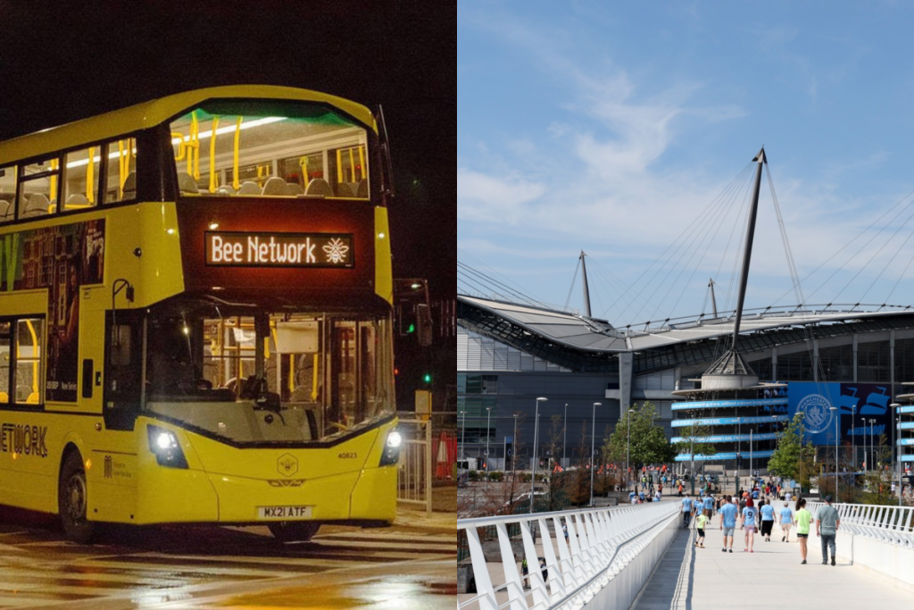 yellow bee network bus at night on left and exterior shot of etihad stadium in manchester on right