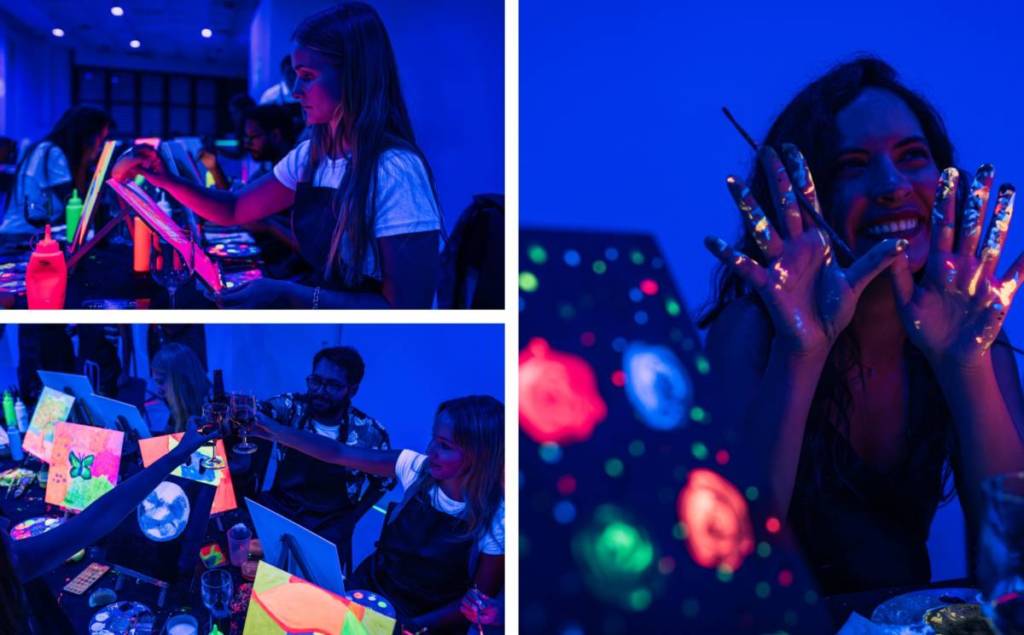 A woman focused on painting her canvas (top left). Friends saying cheers (bottom left). A woman showing her paint-covered hands at Neon Brush (right).