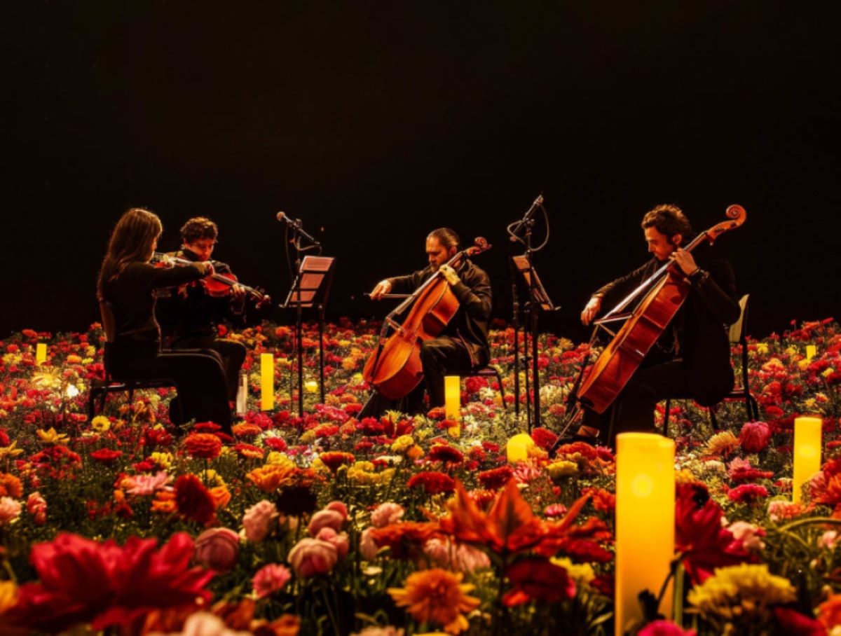A string quartet performing a Candlelight concert surrounded by flowers and candles.