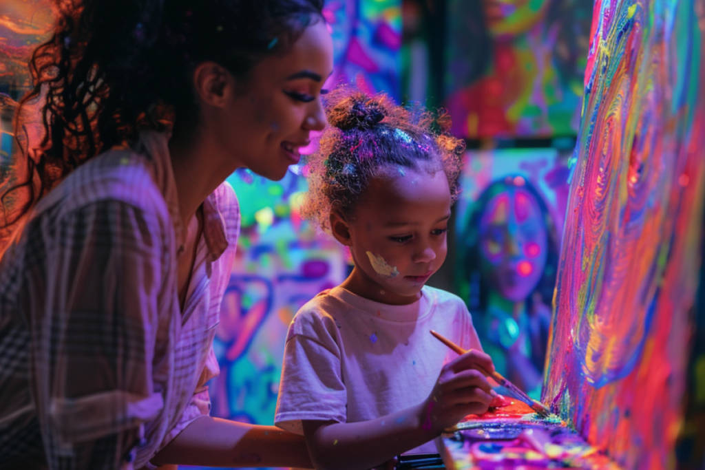 A woman and a child painting with neon paints at Neon Brush Kids