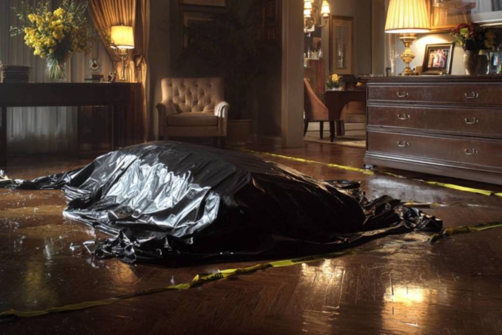 Black plastic bag covering a dead body in a huge mansion