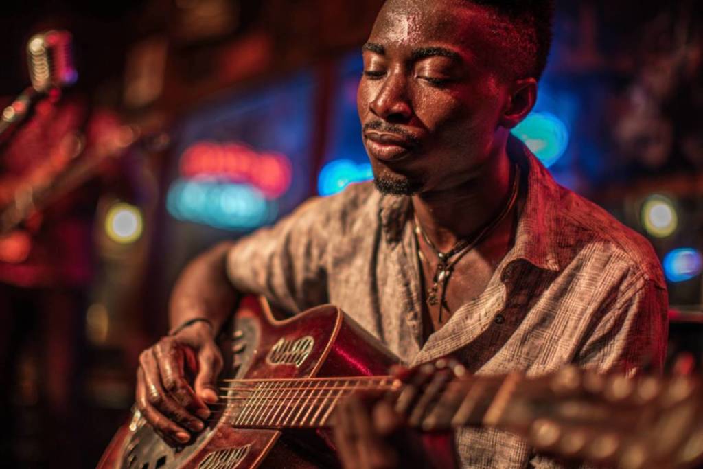 A man plays a guitar with a dark backdrop at We call it Jazz: Blues.