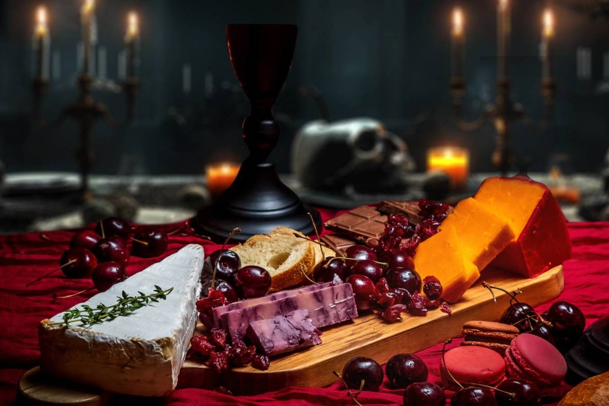 cheese board with spooky decor in background