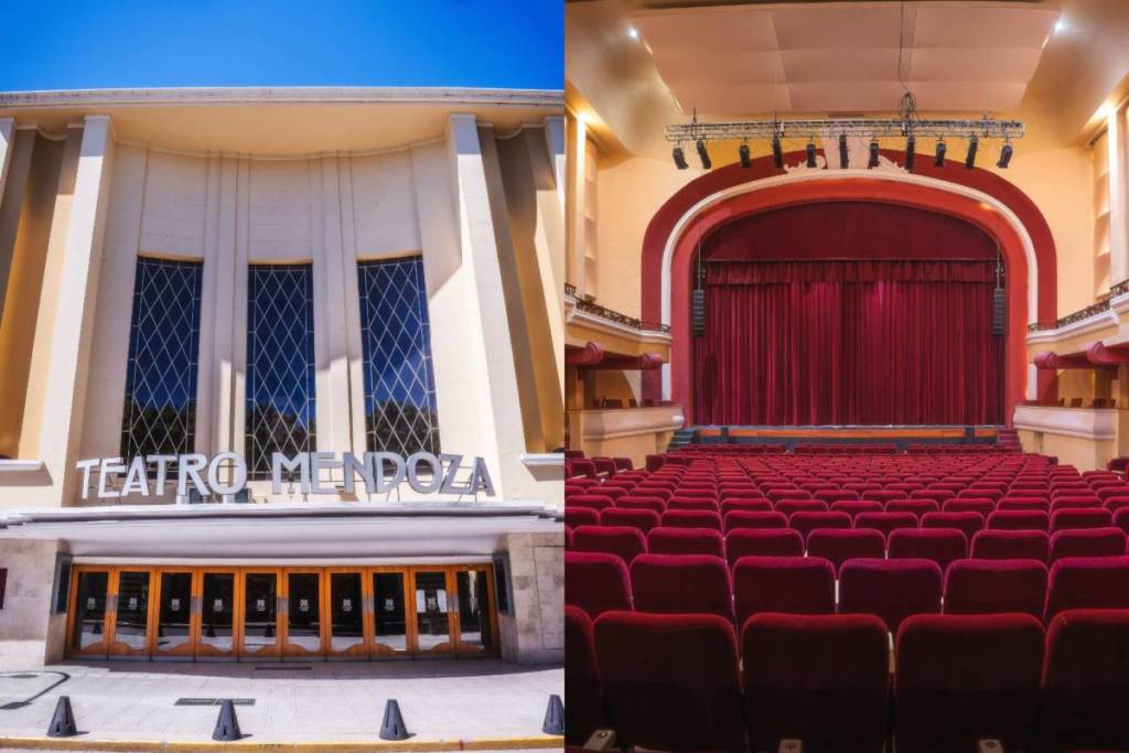 Fachada y sala principal del Teatro Mendoza en la ciudad de Mendoza: exterior con vitrales y cartel en grandes letras, e interior con escenario de cortinas rojas y más de 800 butacas alineadas