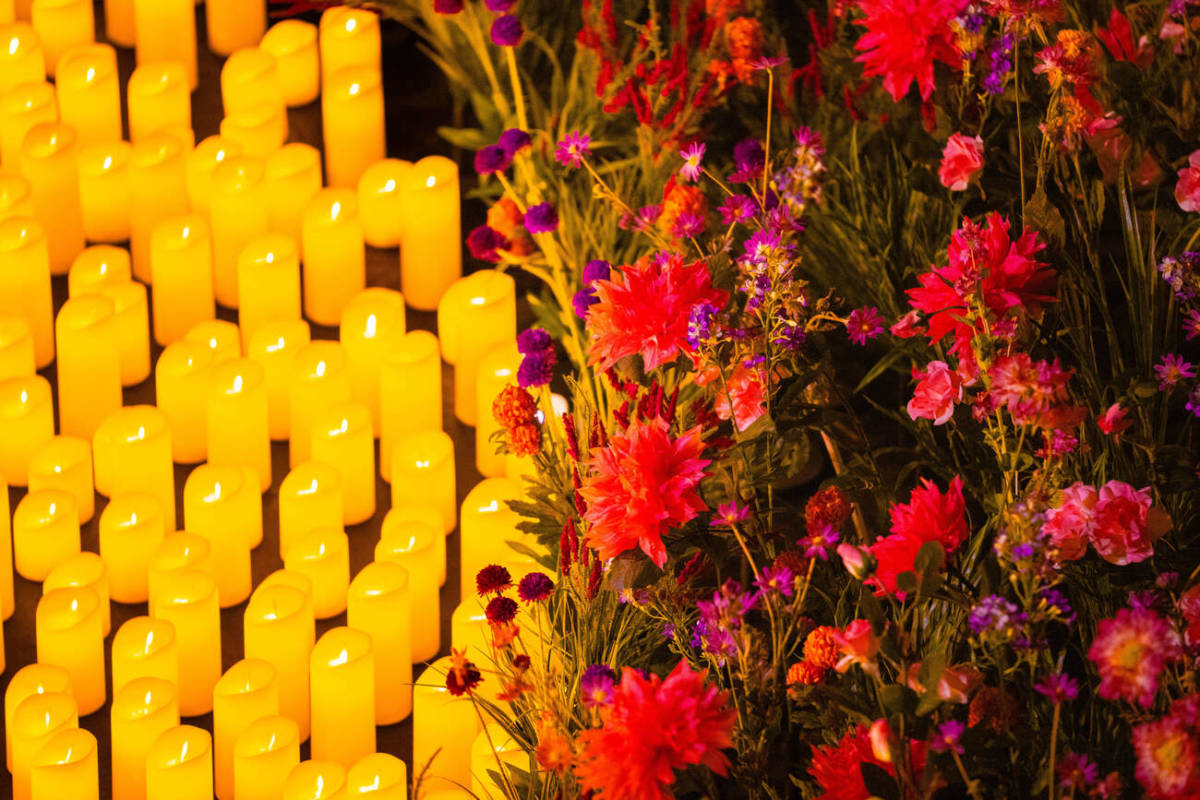 Primer plano de miles de velas y muchísimas flores sobre el escenario en un concierto Candlelight Spring.