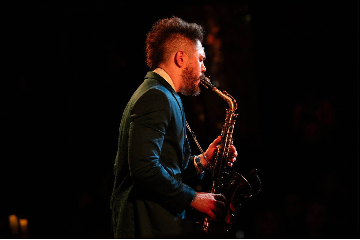 A saxophonist performing at The Jazz Room