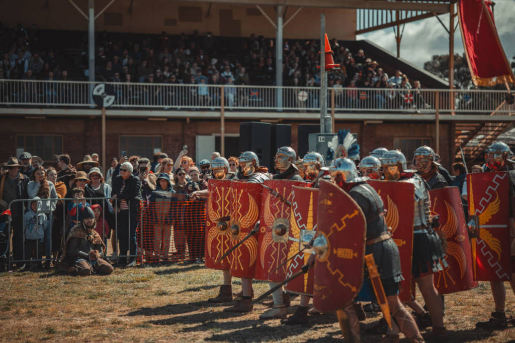 Knights form a shield wall at the Medieval Festival.
