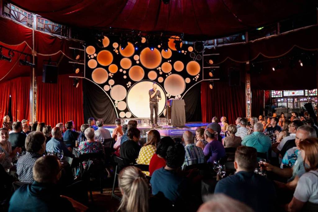 a comedian performing ons tage at An Idiot's Guide to Wine