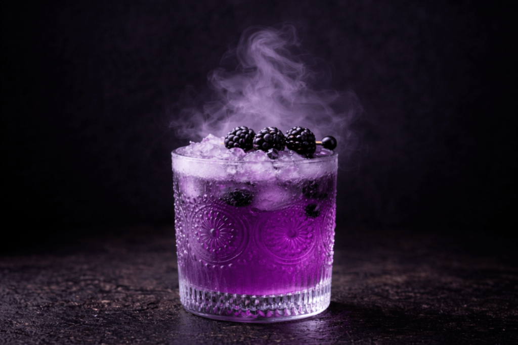 Primer plano de un cóctel morado, similar al que se sirve en Edgar Allan Poe Speakeasy.