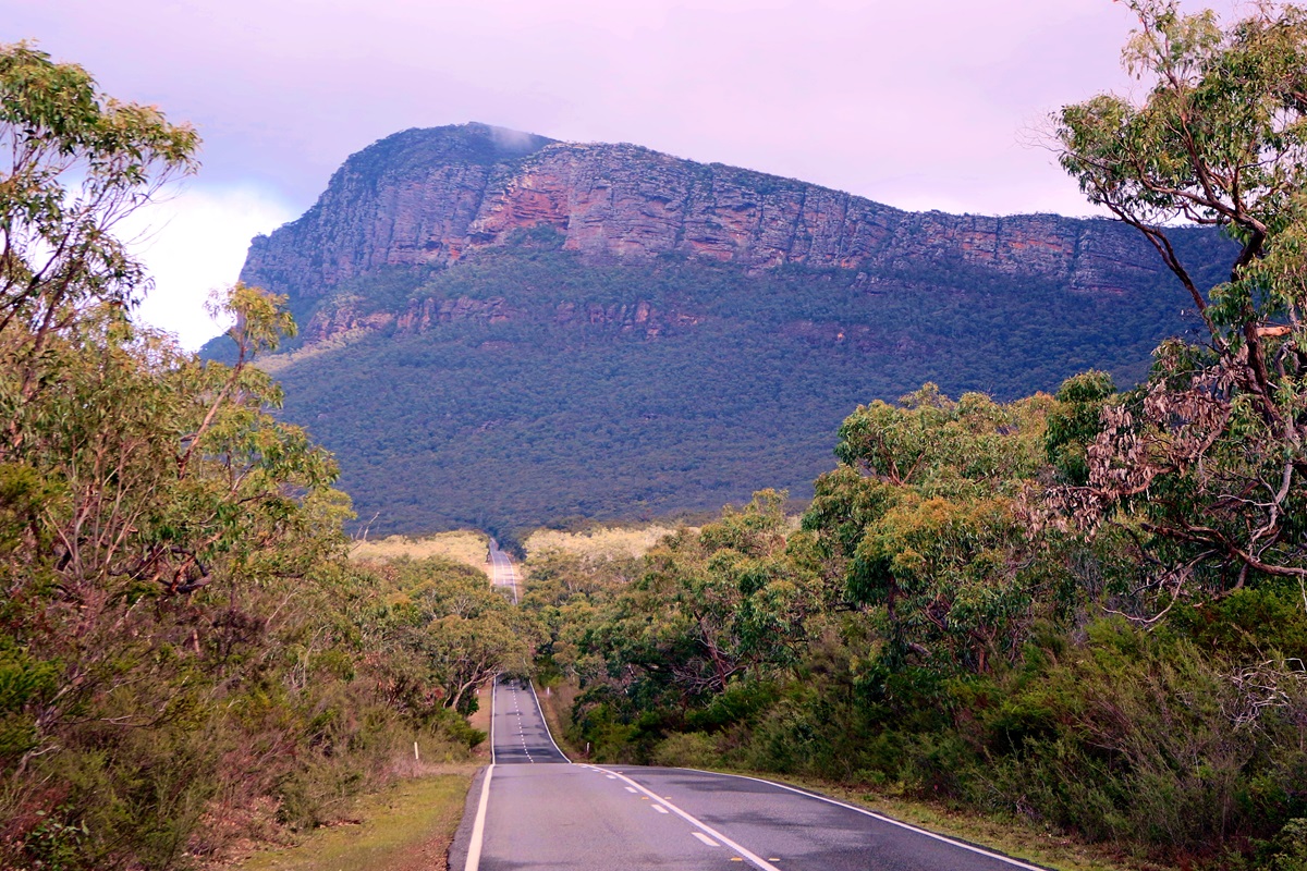 An awe-inspiring view of a road through the Grampians National Park, which offers many scenic drives.