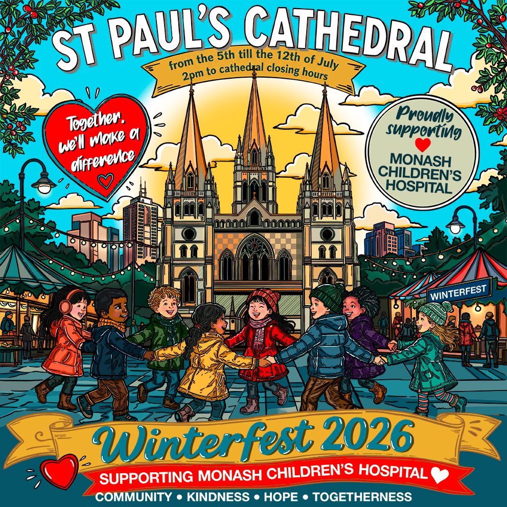 poster for WinterFest showing children dancing in a circle in front of St Pauls Cathedral