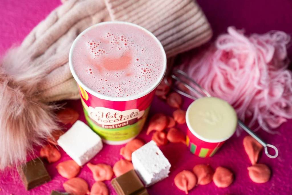pink fairy floss and marshmallows next to a pink hot chocolate