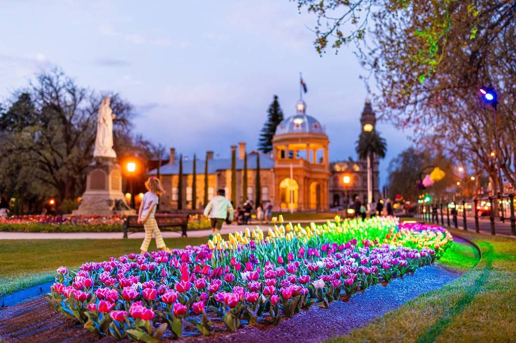 people walking past the Bendigo Annual Tulip Display at dusk, with the paths lit up