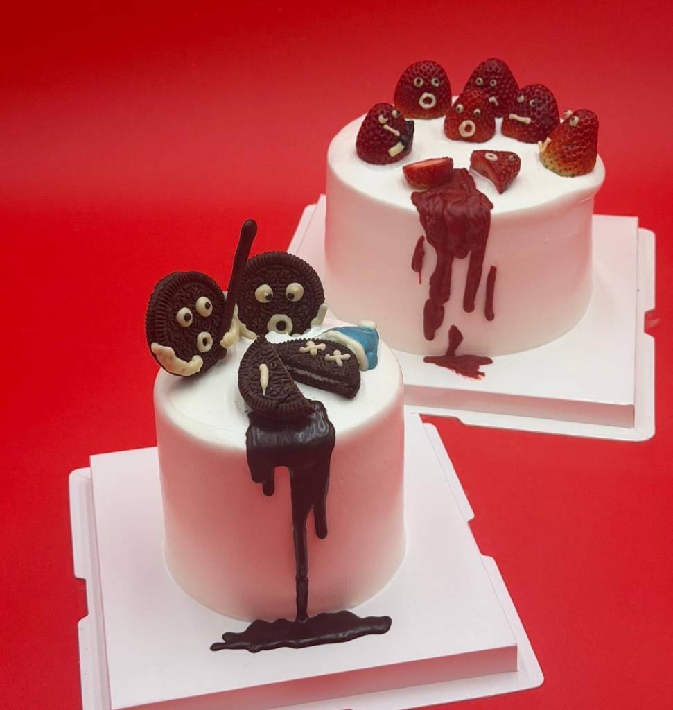 two cute cakes, with toppings that look scared