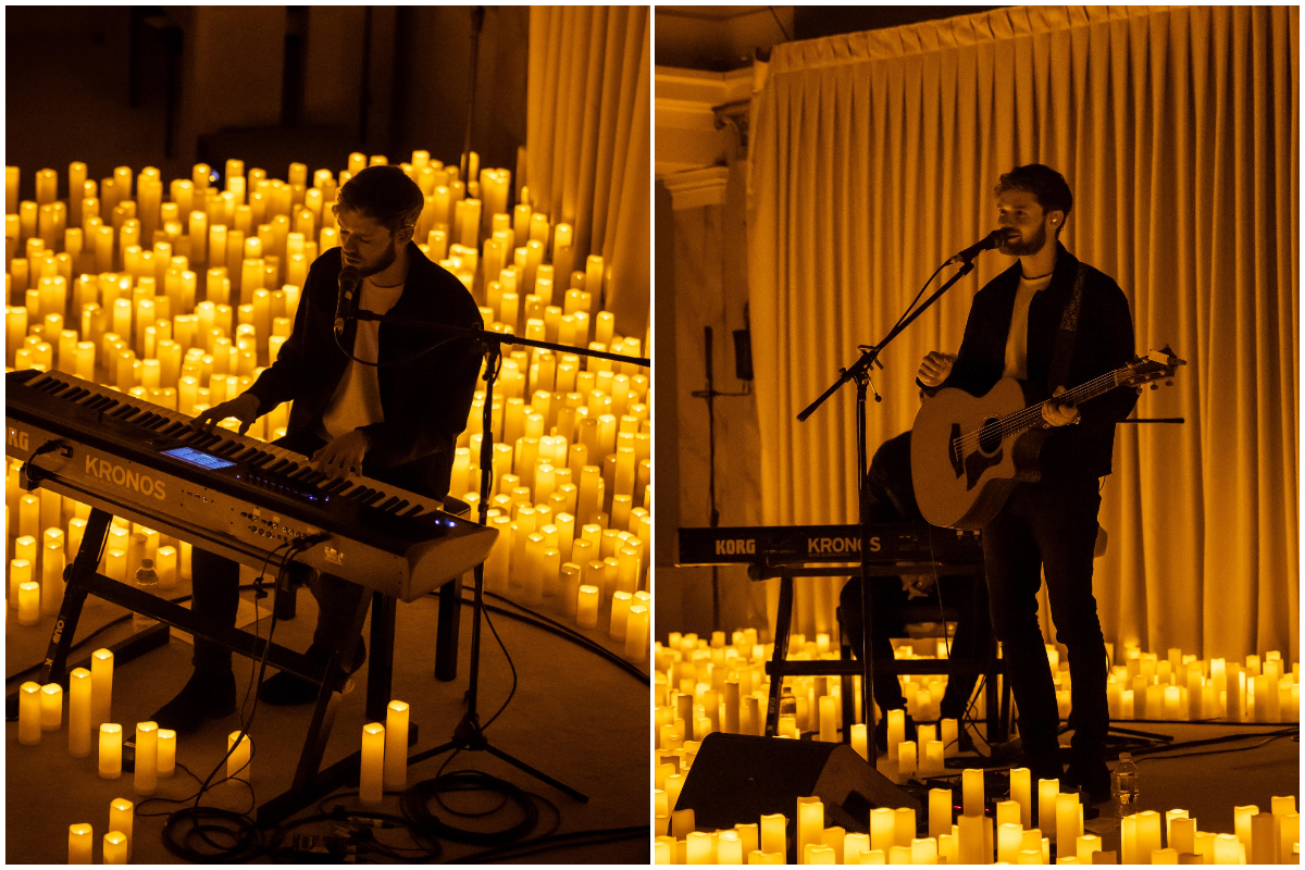 Two images of James TW performing at a Candlelight Original Session concert