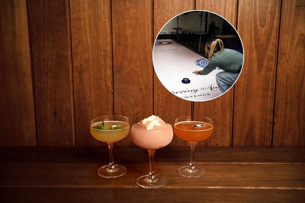 A composite image of a photo of some cocktails, inlaid with a small image of a woman curling.