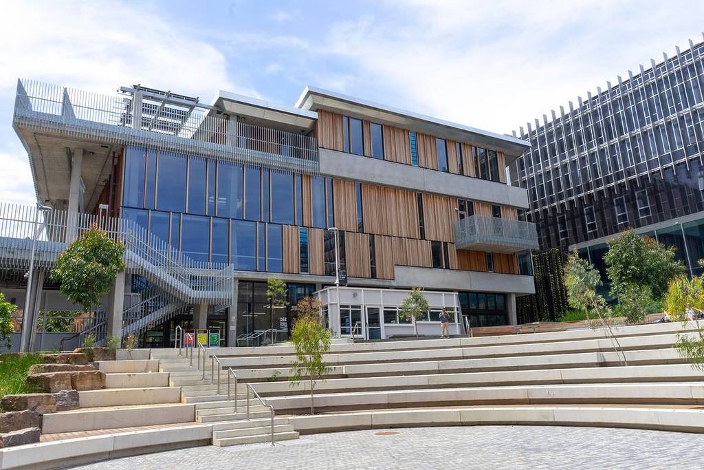 A view of a modern-looking building at the University of Melbourne, Victoria.