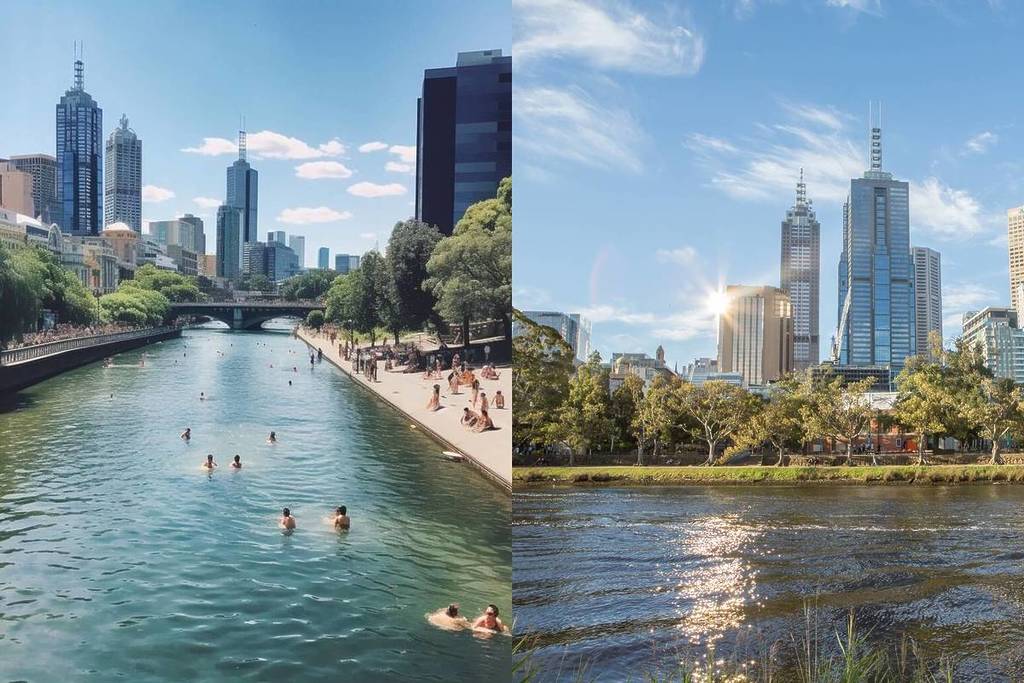 A composite image showing an AI-generated future of a swimmable river on the left, and a real photo of the Yarra/Birrarung on the right.