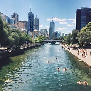An AI-generated view of people swimming in a clean Birrarung/Yarra River.