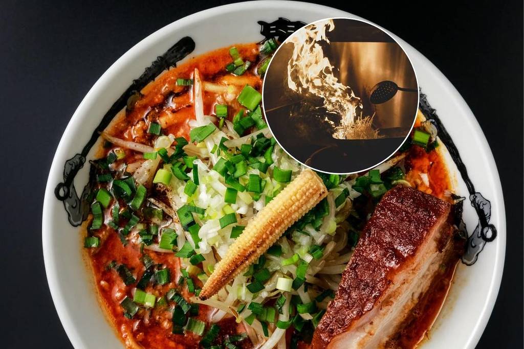 An image of a spicy miso ramen at Kikanbo topped with sweetcorn and pork, with a small inset image of a big flame rising from a stovetop.