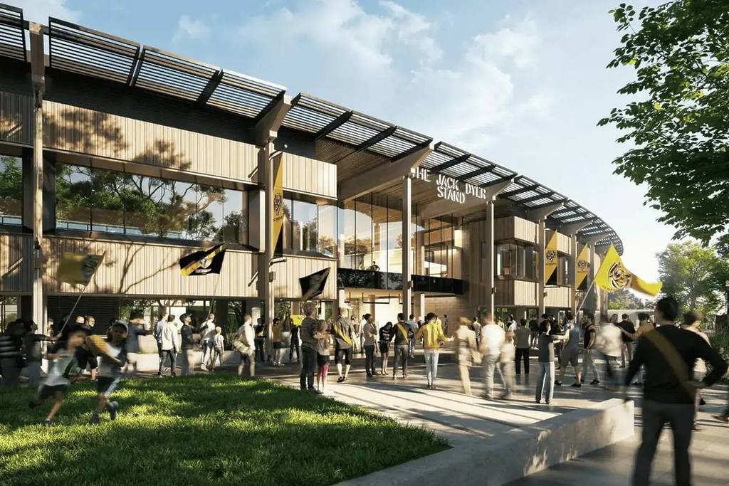 A render of the redeveloped Punt Road Oval, home of Richmond FC and the venue for Richmond AFLW matches.