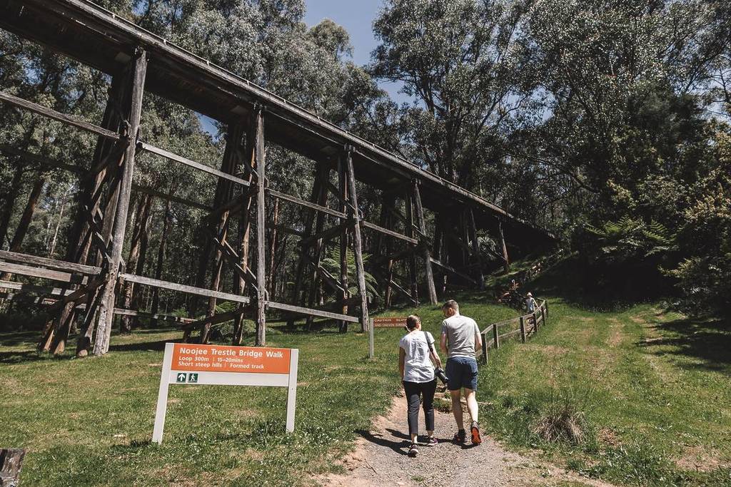 two people walking at the bottom of Noojee Trestle Bridge
