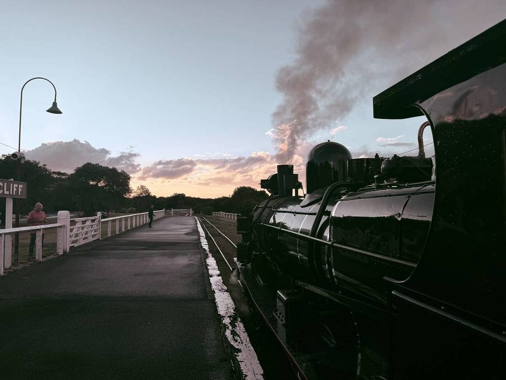one of the steam trains from The Bellarine Railway at dusk, to depict a journey on the Steamlight Nights experience
