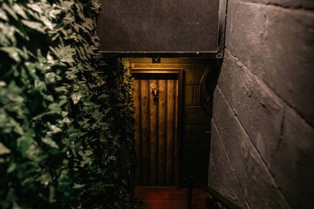 stairs leading to the log cabin door for the Understudy Ski Lodge