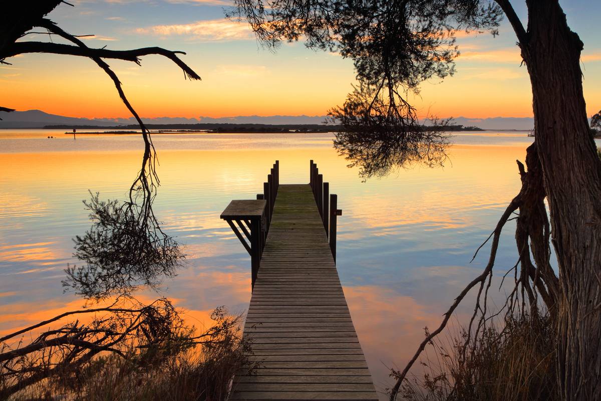 Wooden jetty at Mallacoota, Victoria, stretching over calm water at sunset with silhouetted trees framing the scene