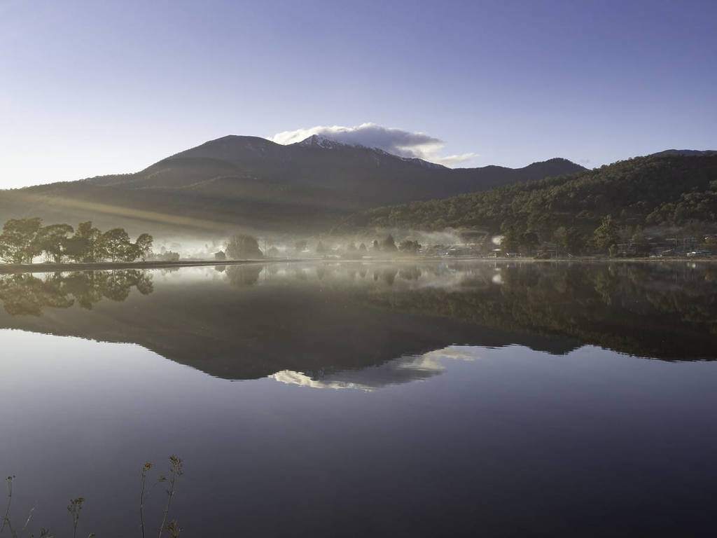 Early morning light on Mount Beauty Pondage and Mt Bogong in the background