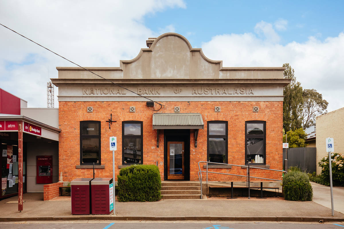 The historic National Bank of Australia building in Trentham, showcasing classic red-brick architecture on one of Victoria’s most charming main streets