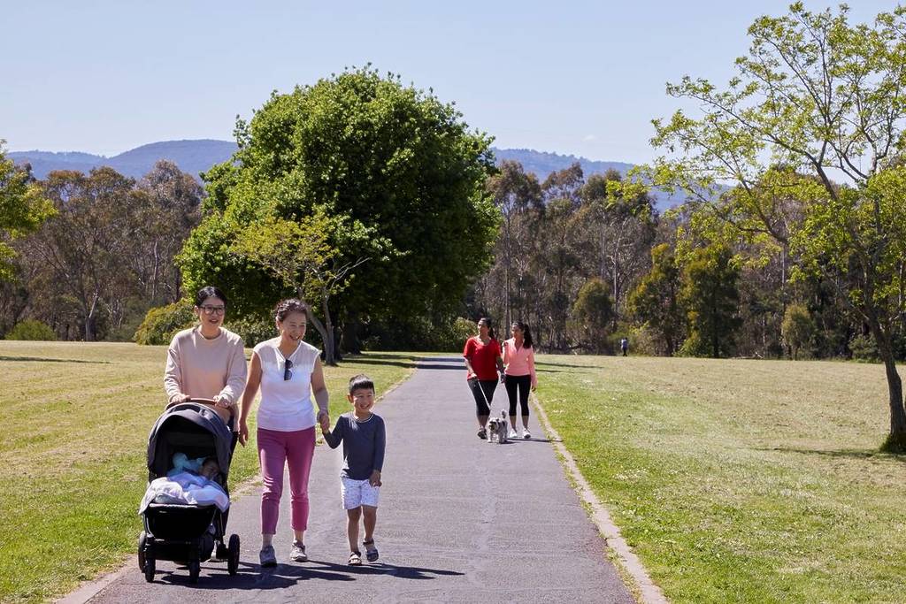family with a pram and couple with a dog walking on a path at Jells Park