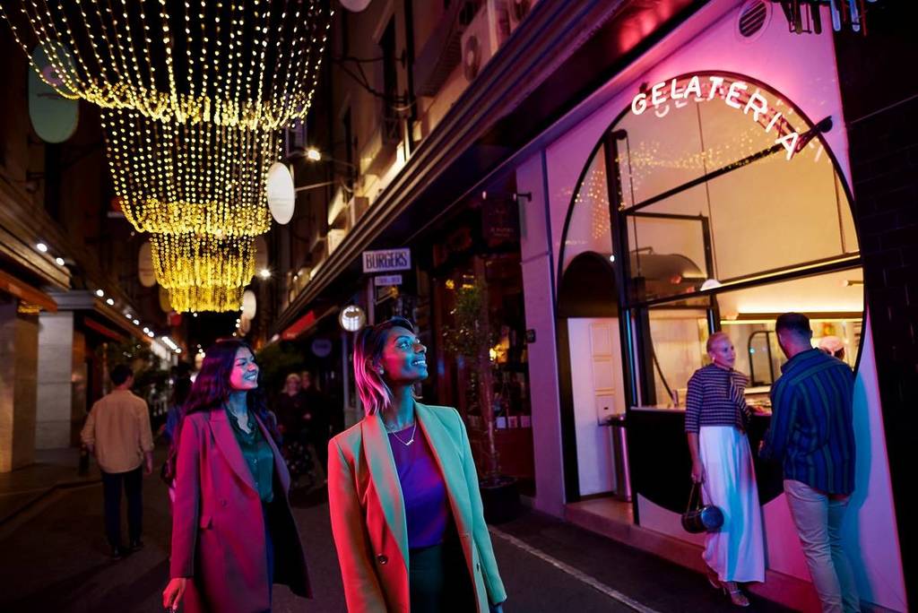 two women at night looking at a gelato shop on Degraves Street