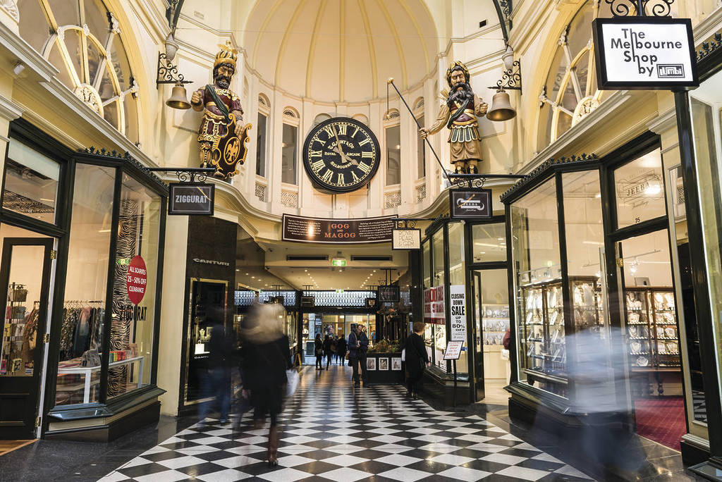 inside of Royal Arcade, with Gog and Magog by the big clock