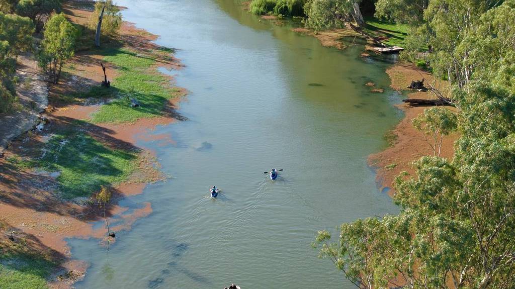 aerial view of people kayaking along a creek in Gunbower Island and Forest