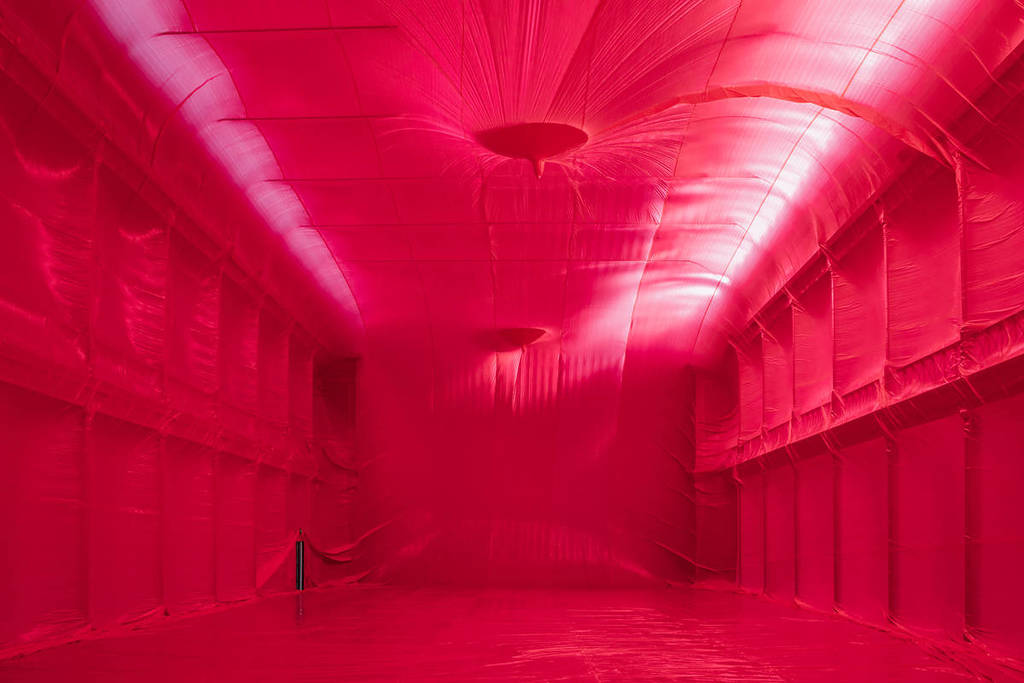 the Royal Exhibition Building transformed into a pink room as part of Now or Never