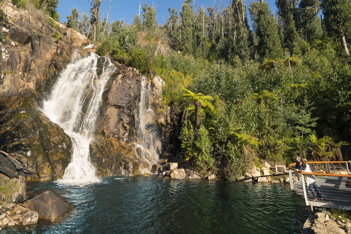 Steavenson Falls in Marysville, one of the state's best natural wonders, with water cascading over rocky cliffs, framed by lush forest and vibrant greenery