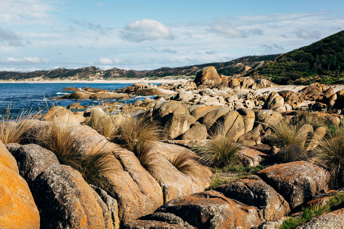Rocky coastline of Mallacoota, with rugged boulders and coastal grasses leading down to the crystal-clear waters and surrounding hills