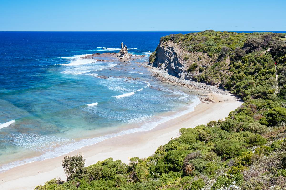 Cape Patterson's stunning coastline, with clear blue waters, sandy beaches, and rugged cliffs with lush greenery along the shore