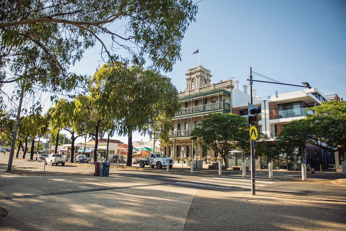 A charming street view featuring historic architecture and modern buildings in Portarlington, Bellarine Peninsula