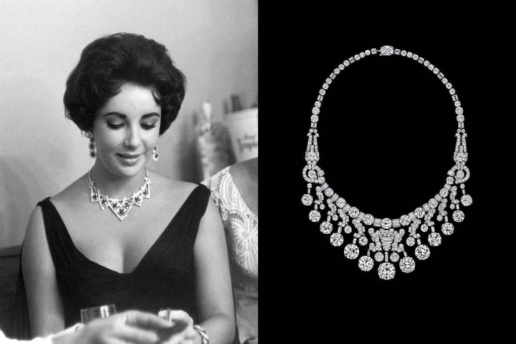 two images, on the left is Elizabeth Taylor wearing a Cartier necklace and a black dress, and on the right is a close up of another diamond Cartier necklace, which will be on display at NGV