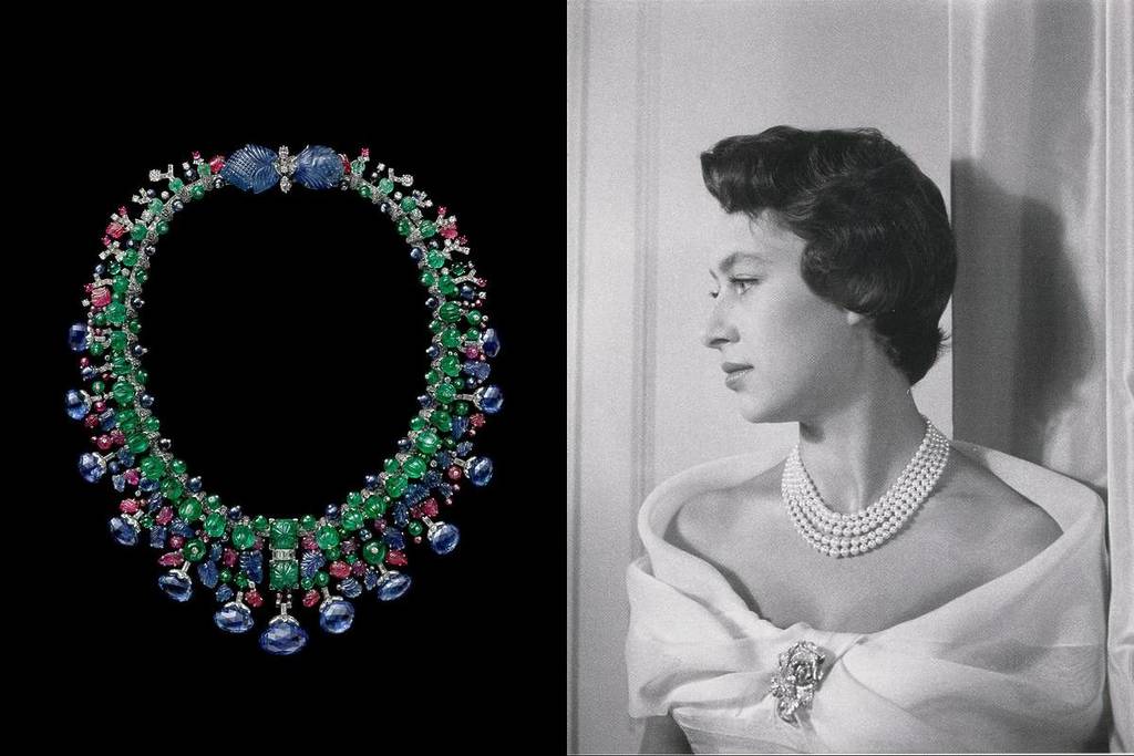 a colourful necklace on the left and Princess Margaret wearing a Cartier rose brooch on the right