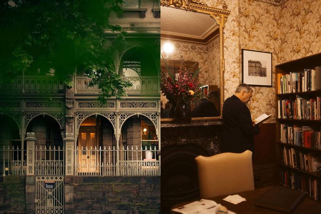 one the left, a photo of Tasma Terrace from the outside. On the right, a man reading a book and standing in front of a bookshelf