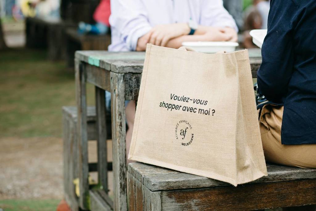 a bag that says "Voulez vous shepper avec moi" at the Alliance Francaise Christmas Market